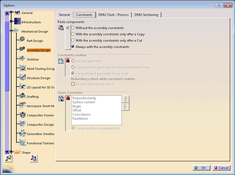 Tools Option Dialog Window for Assembly Design